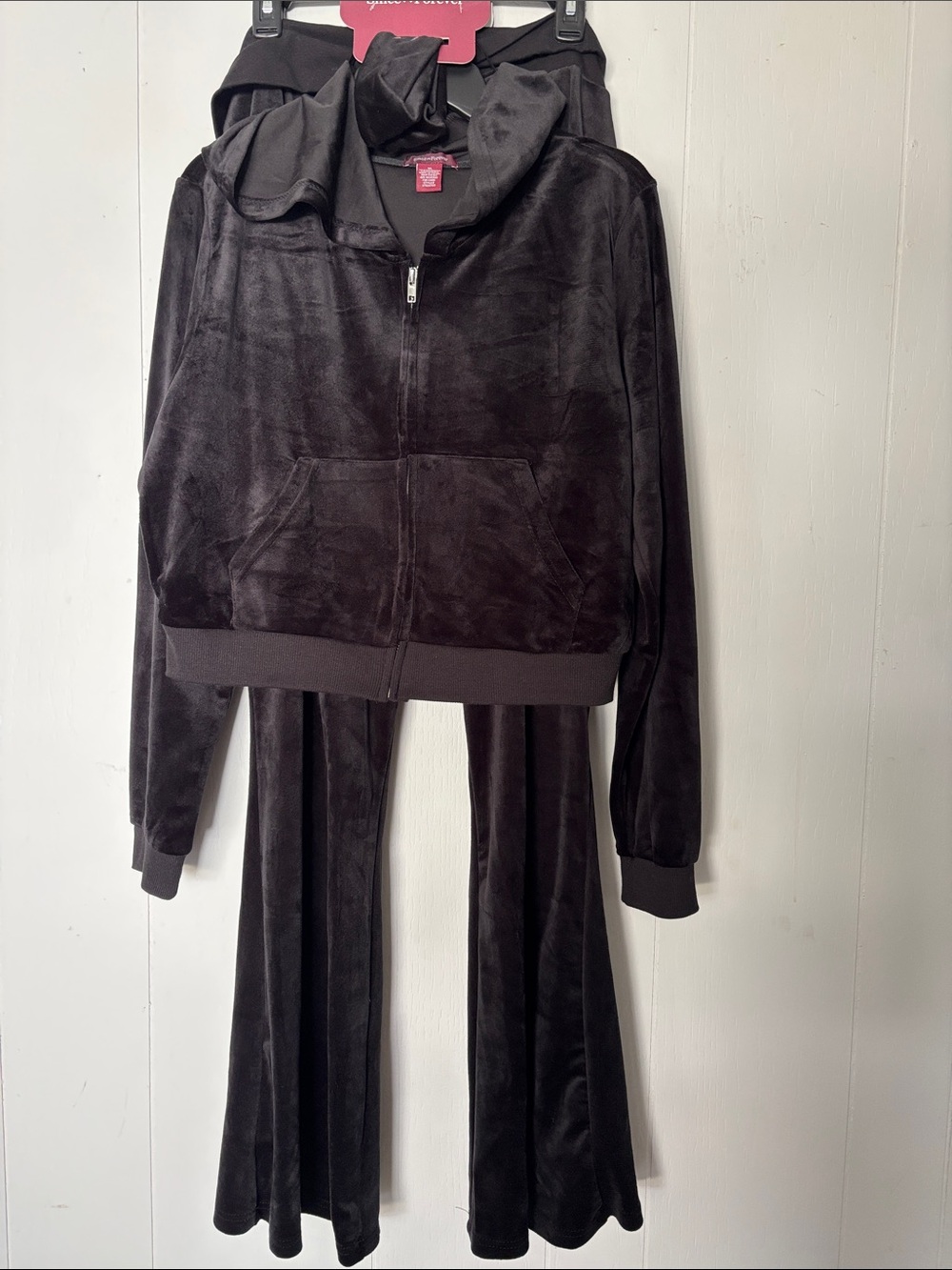 Cozy 3 piece Women's Black Velour Zip Hoodie & Flared Pant Set and headband